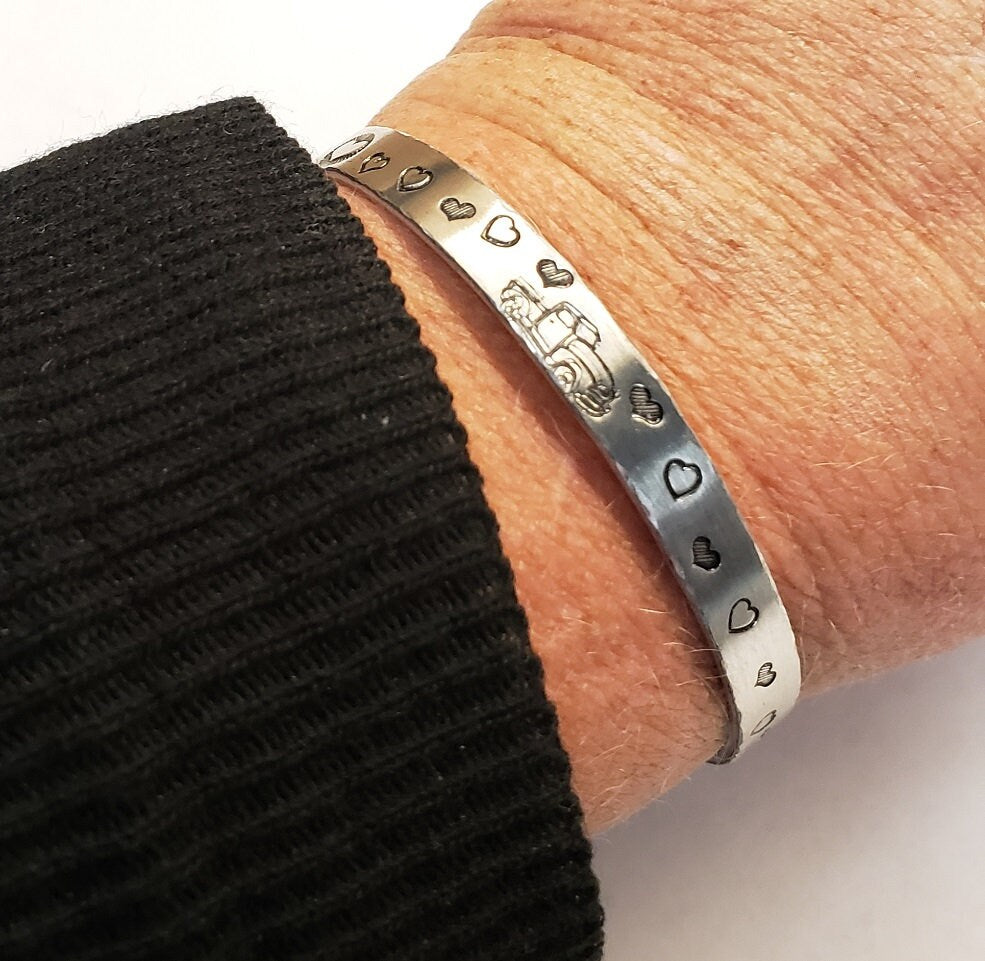 Truck with Hearts Cuff,  Truck Lovers Cuff, Hand Stamped Cuff, Truck/Heart Jewelry, Love Cuff, Valentine Gift